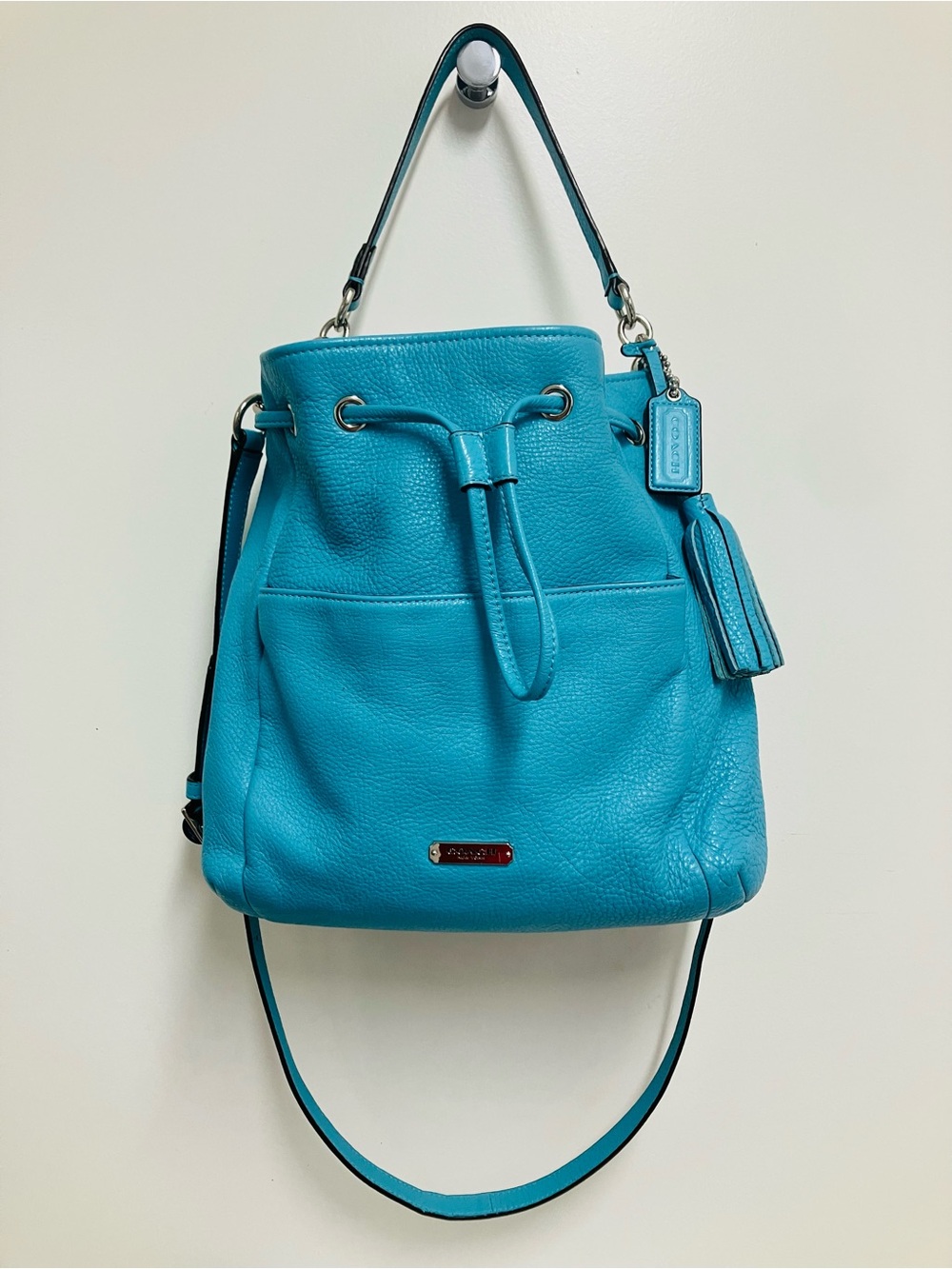 Coach Avery Pebble Leather Bucket Drawstring Bag with Tassel